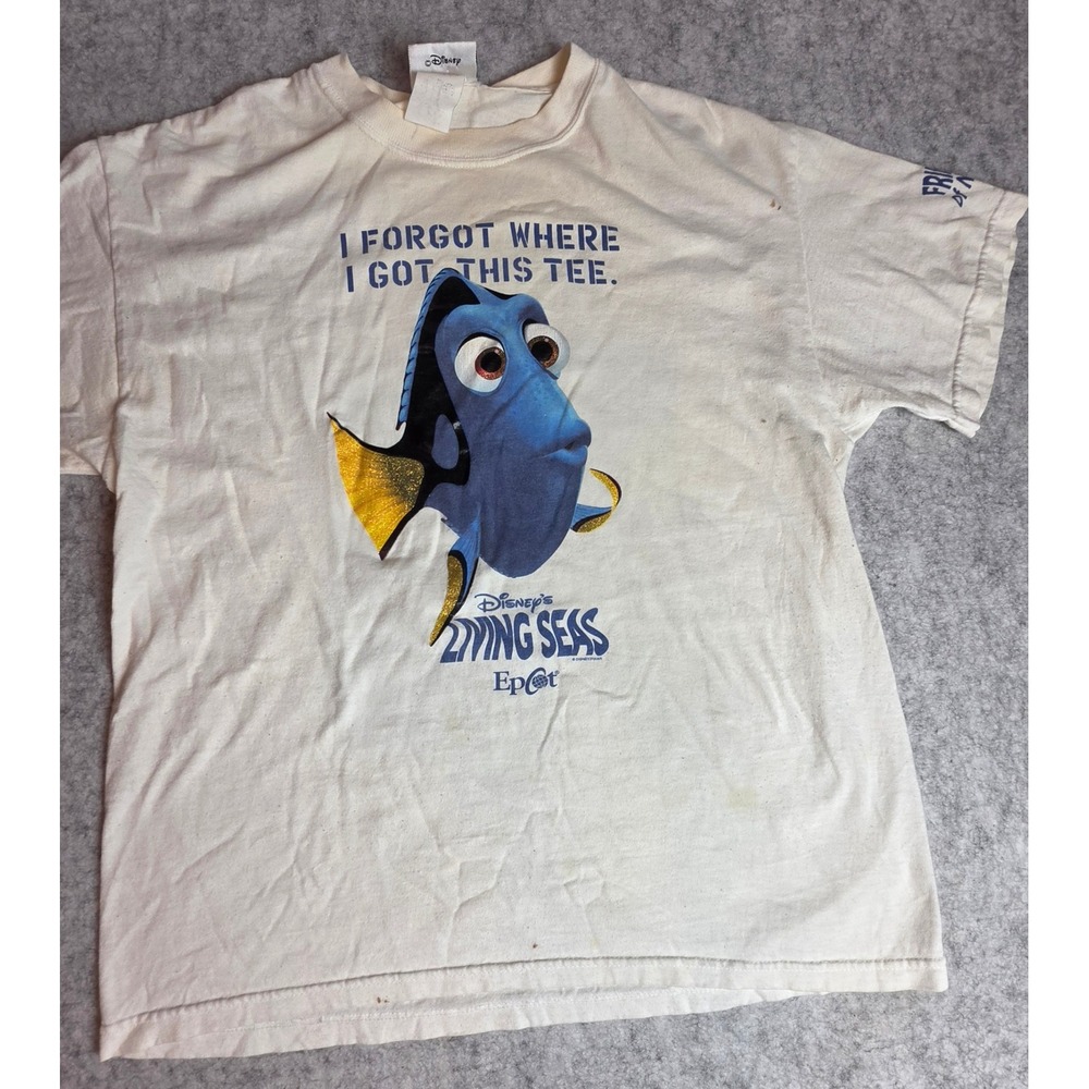 Vintage Disney Epcot The Living Seas Dory T-Shirt Finding Nemo Y2K Cream L